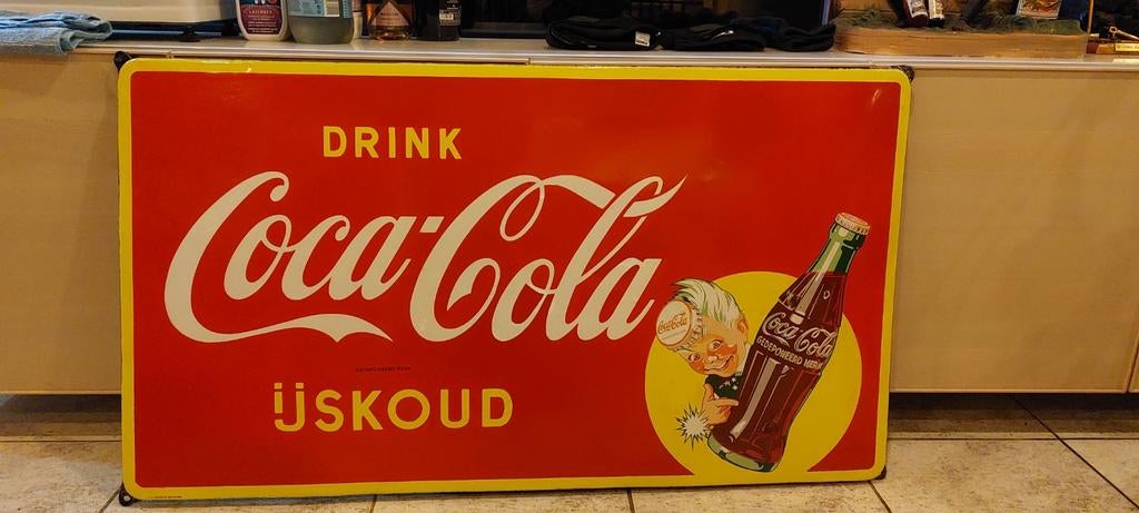 Grote email Coca Cola 1955 TOP staat., Ophalen, Gebruikt, Reclamebord