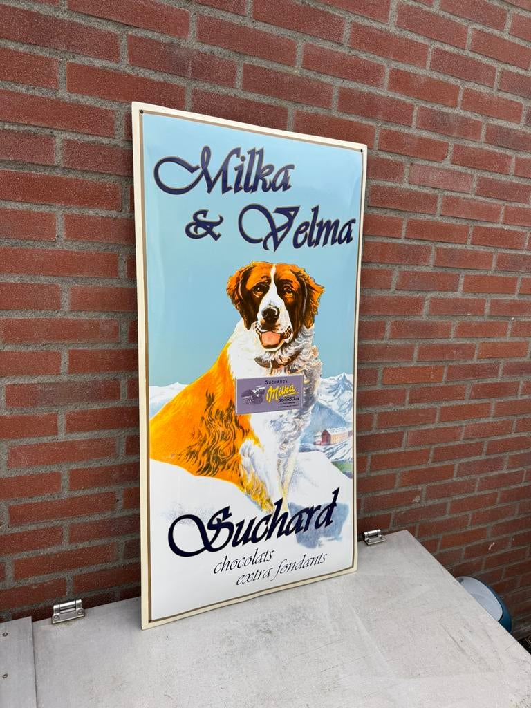 Grand panneau publicitaire en émail MILKA Chocolate, Collections, Enlèvement, Comme neuf, Panneau publicitaire