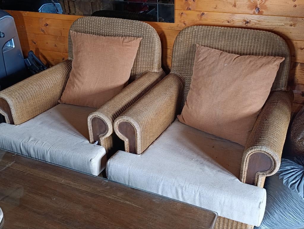 2 rieten tuinzetels / stoelen met poef., Maison & Meubles, Enlèvement