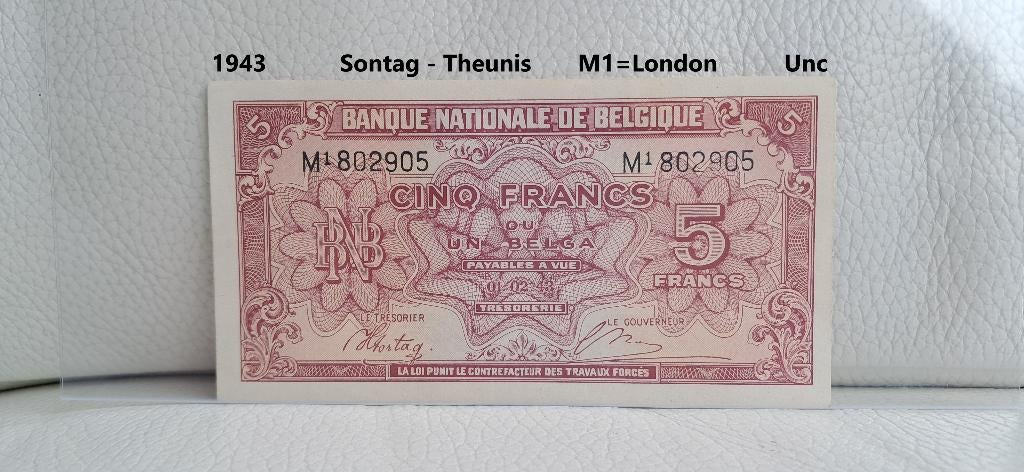 5 frank 1943 - Unc, Postzegels en Munten, Bankbiljetten | België, Ophalen of Verzenden, Los biljet