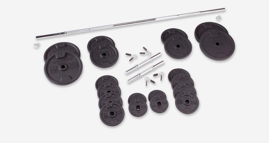 Halterset, dumbells + benchpress, curlbench, Sport en Fitness, Ophalen, Zo goed als nieuw, Benen, Halterset