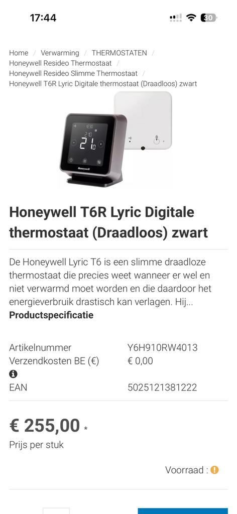 HONEYWELL T6R slimme thermostaat, Doe-het-zelf en Bouw, Ophalen of Verzenden, Slimme thermostaat, Gebruikt