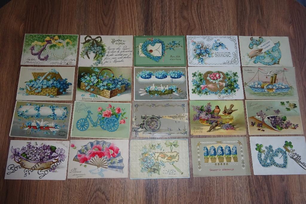 60 postkaarten fantasie relief - 60 cartes fantaisie gaufrée, Enlèvement ou Envoi