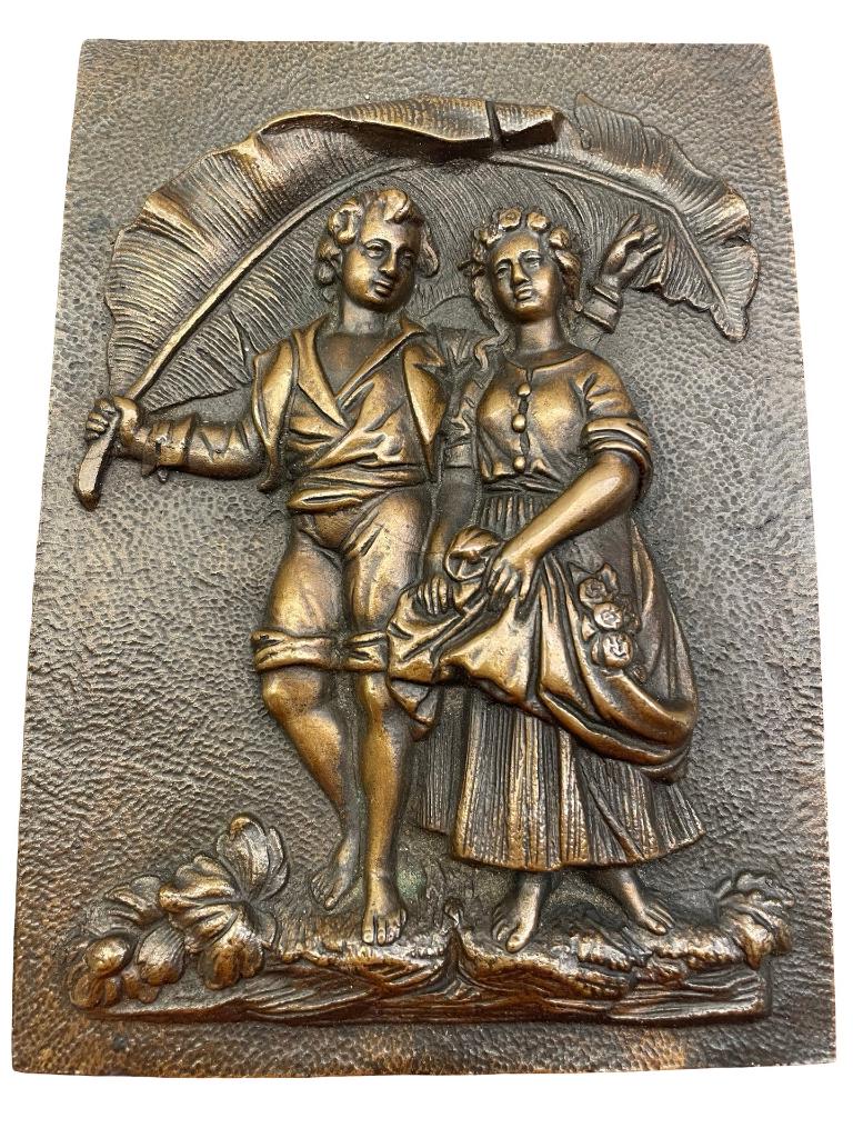 Decoratieve bronzen plaquette Landelijke idylle Eind 19e/20e, Ophalen of Verzenden, Brons