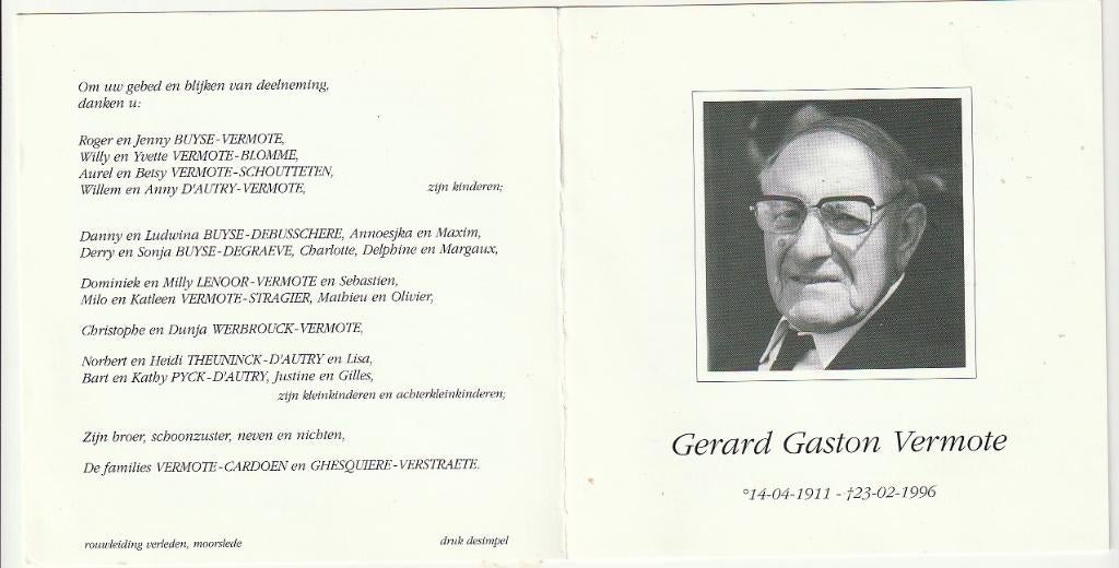 Gerard VERMOTE Moorslede Roeselare 1996 Oudstrijder 40/45, Verzenden, Bidprentje