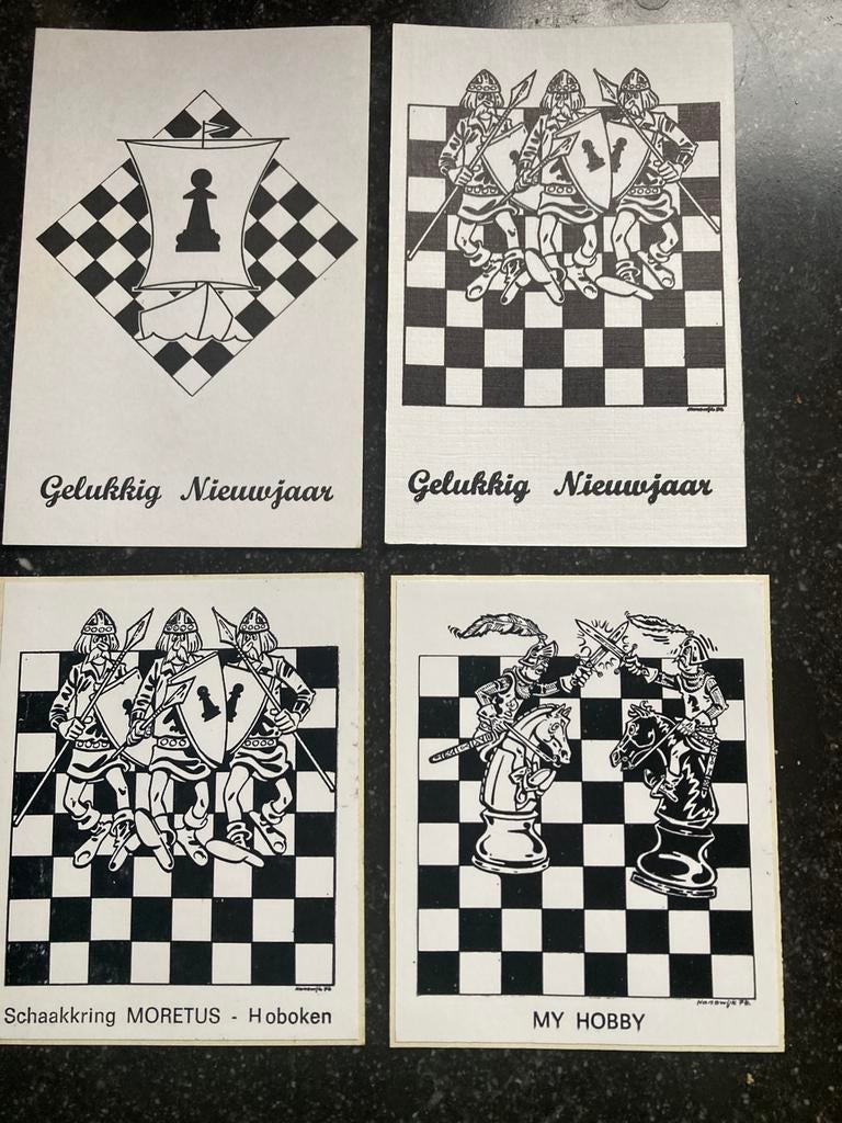 2 wenskaarten schaken Gelukkig Nieuwjaar + 2 oude stickers, Verzamelen, Ophalen of Verzenden, Ongelopen, Sport en Spel