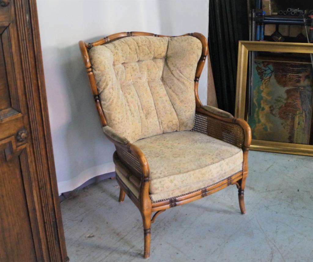 antieke bamboe fauteuil zetel met stof bekleding, Ophalen