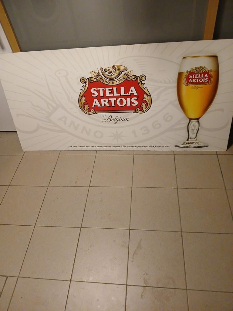 Groot Stella Artois reclamebord (L 1,60 m, B 75 cm), Ophalen, Zo goed als nieuw, Reclamebord, Plaat of Schild, Stella Artois