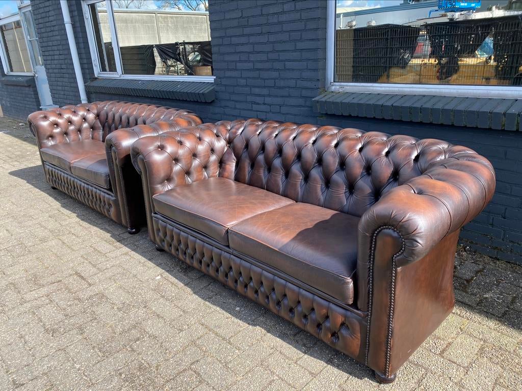 2 x 3 zit Chesterfield zetels bruin GRATIS GELEVERD, Enlèvement ou Envoi, Comme neuf, Cuir