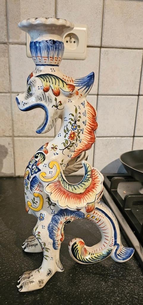 Vintage kandelaar draak faience rouen 19e eeuws, Ophalen of Verzenden