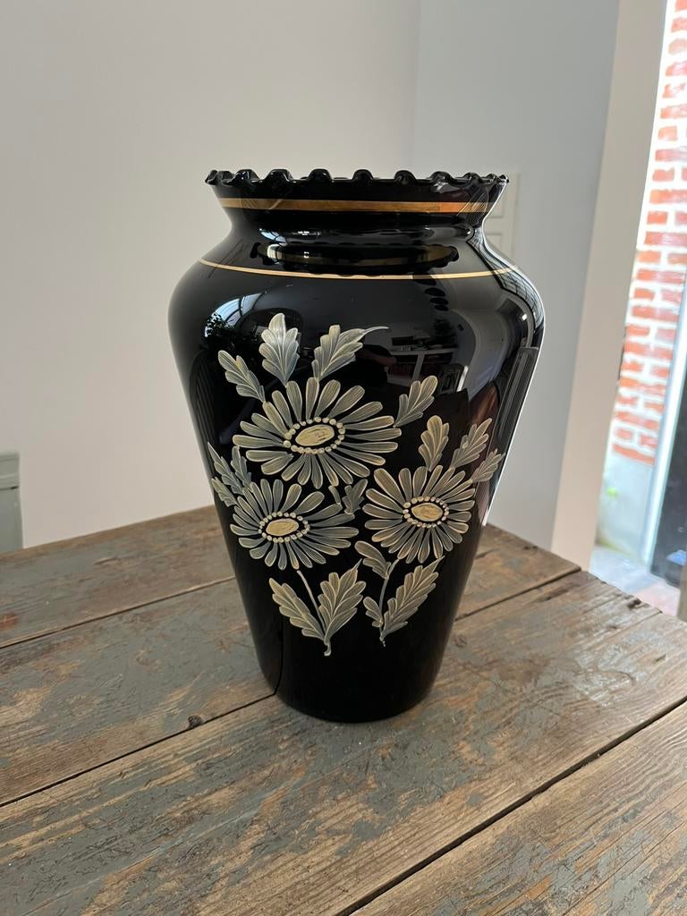 PRACHTIGE VINTAGE VAAS BOOMS ZWART GLAS EMAILLE, Antiek en Kunst, Ophalen of Verzenden