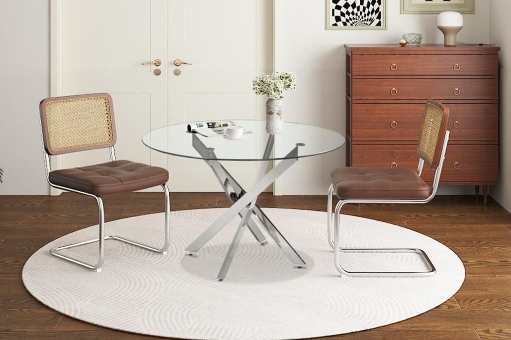 Tafel 'Lasi' 120 cm in rond Glas met chroom poten +Levering, Neuf, 100 à 150 cm, Cinq personnes ou plus, Rond