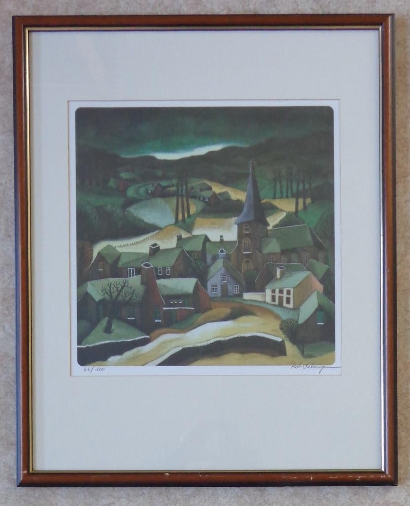 ROB DELANGE / SNEEUW CONTRASTEN / KLEURLITHO 69x56cm KADER, Ophalen of Verzenden