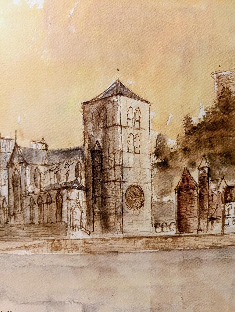 Collégiale de Huy. Aquarelle de Michel METTEWIE., Antiquités & Art, Enlèvement ou Envoi