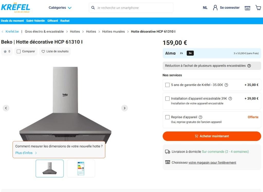 Hotte Aspirante Beko HCP61310I, Electroménager, Hottes, Neuf, Recyclage, Encastré, Hotte murale