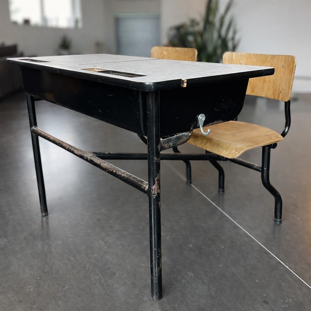 Vintage industrieel schoolbankje met stoeltjes Retro bureau, 100 à 150 cm, Vintage, Jusqu'à deux personnes, Enlèvement