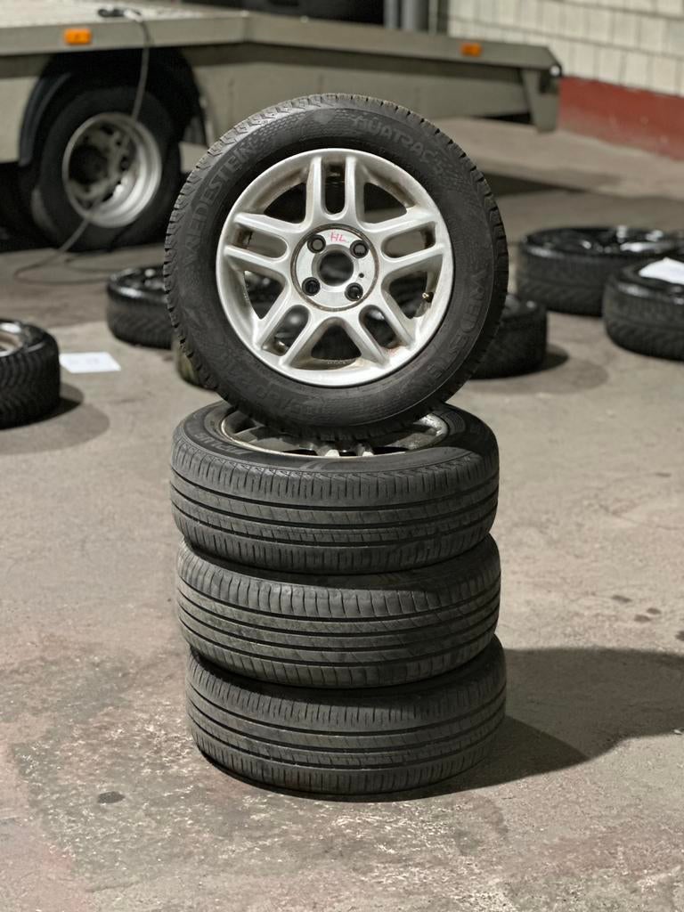 Set lichtmetalen velgen 14 inch 4X100 met banden voor opmaak, Ophalen, 14 inch, Zomerbanden, Banden en Velgen