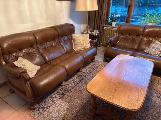 Lederen salon 3 + 2 + 1zit + salontafel, Enlèvement, Utilisé, Bois, Landelijk