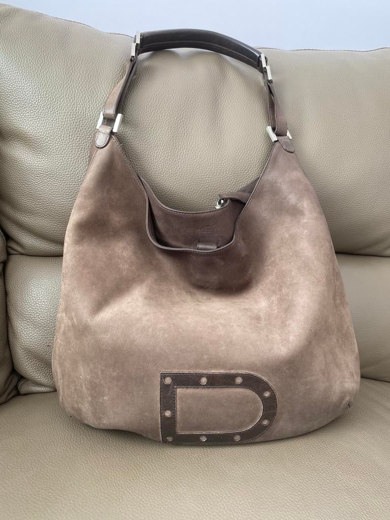 Sac à main Delvaux Louise GM nubuck marron clair/gris, Ophalen of Verzenden, Zo goed als nieuw, Grijs, Handtas