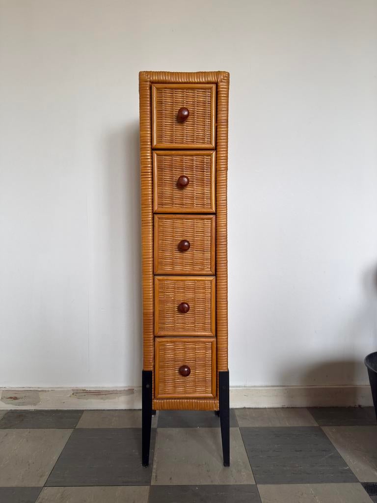 Klein bruin dressoir met 5 laden 99x21,5x25cm, Ophalen, Zo goed als nieuw