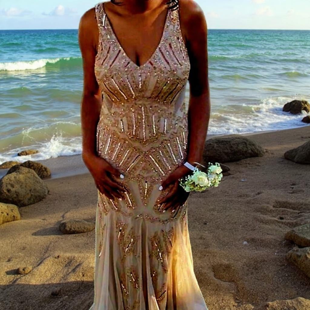 Lange avondjurk rose goud met kraaltjes en strass R. Lauren, Kleding | Dames, Galajurk, Verzenden, Maat 42/44 (L), Nieuw