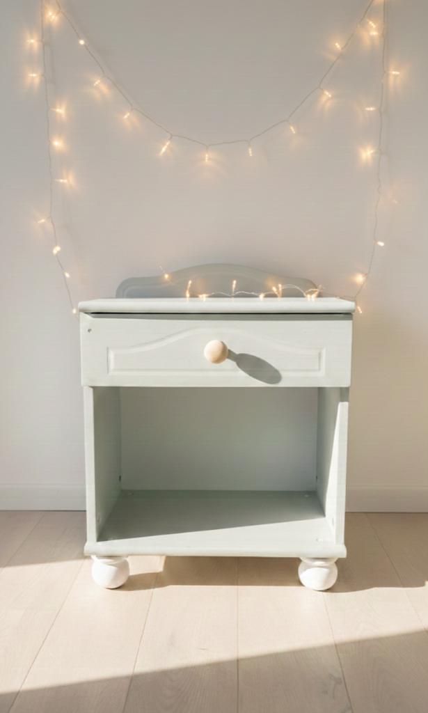 jolie table de chevet verte pastel, 4 pieds, 1 tiroir, Maison & Meubles, Chambre à coucher | Tables de chevet, Utilisé, 55 à 70 cm
