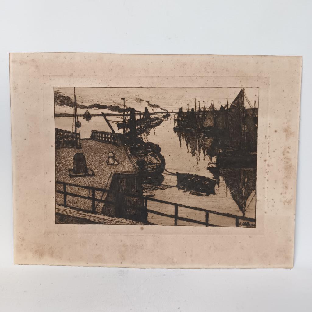 August Oleffe (1867-1931) - ets - Havenzicht kust van Nieuwp, Ophalen of Verzenden