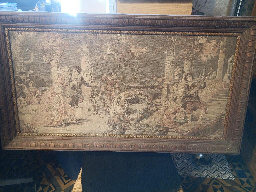 Groot wandtapijt met antieke lijst 111 x 61 cm, Antiek en Kunst, Ophalen