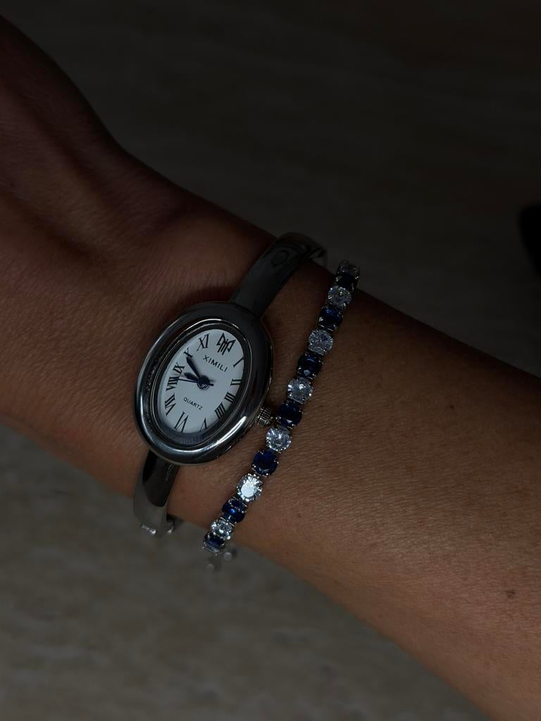 Set tennisarmbandhorloge vintage zilver roestvrij staal, Nieuw, Ophalen of Verzenden, Zilver, Met strass