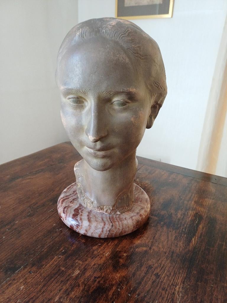 Romeins hoofd van de Belgische beeldhouwer Marcel Rau, Antiek en Kunst, Ophalen, Europa, Beeld, Vrouw