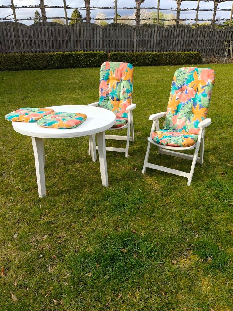 Tuinset 4 relaxzetels + kussens, tafel en 2 voetbankjes + ku, Ophalen