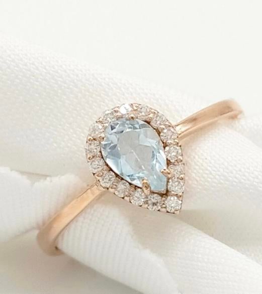 - Ring - 14 karaat Roségoud Aquamarijn - Diamant, Handtassen en Accessoires, Ophalen, Nieuw