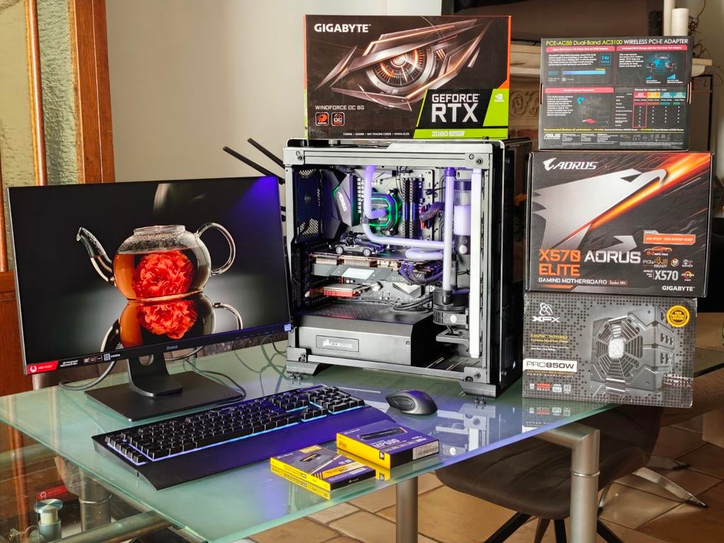 Unieke pc Corsair RTX 2080 Super Ryzen 7 watercooled  € 3200, Met monitor, Custom Build, Zo goed als nieuw, AMD Ryzen 7