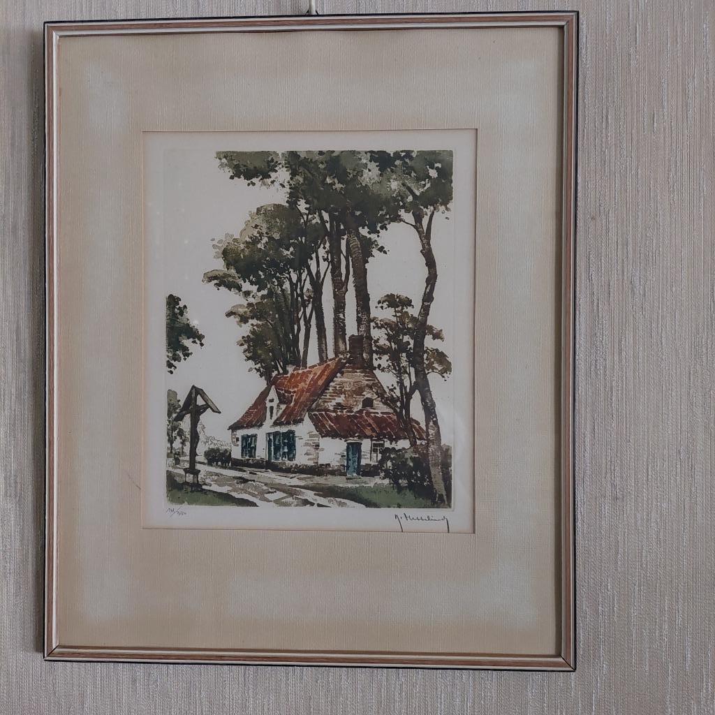 Belle gravure colorée de Roger Hebbelinck (1912 -1987), Antiquités & Art, Enlèvement ou Envoi