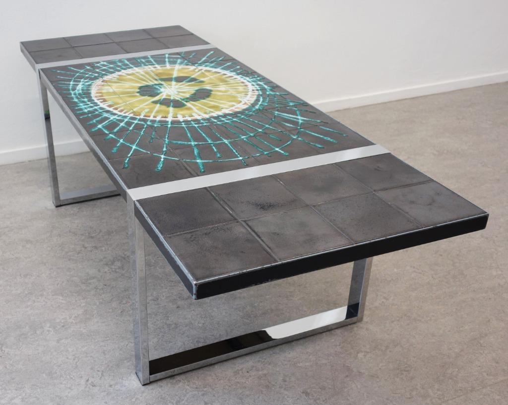 Vintage salontafel Belarti tegeltafel Fat Lava Space Age 60s, Maison & Meubles, 150 à 200 cm, Vintage Fat Lava 60's design chroom keramiek salontafel