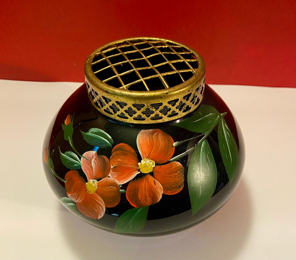 Stijlvol glazen sierpotje met florale decoratie & messing, Antiek en Kunst, Ophalen