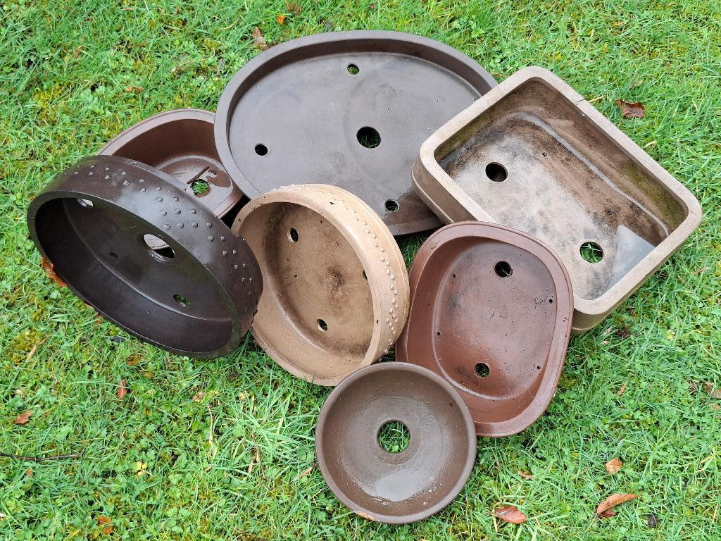 7 Originele Japanse Bonsai schalen met stempel., Tuin en Terras, Zo goed als nieuw, Balkon, Overige vormen, Aardewerk