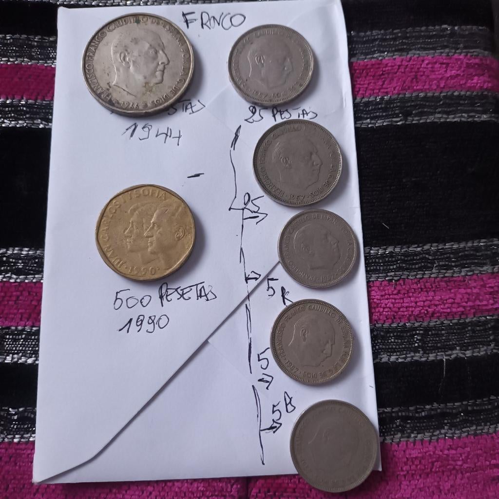 7 Pièces Pesetas Franco 1 Pièce Roi Espagne 500Ps, Enlèvement