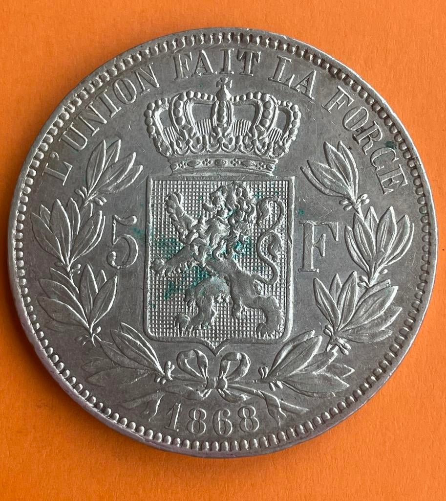 1868 - 5 francs - Leopold II, Postzegels en Munten, Ophalen of Verzenden, Zilver