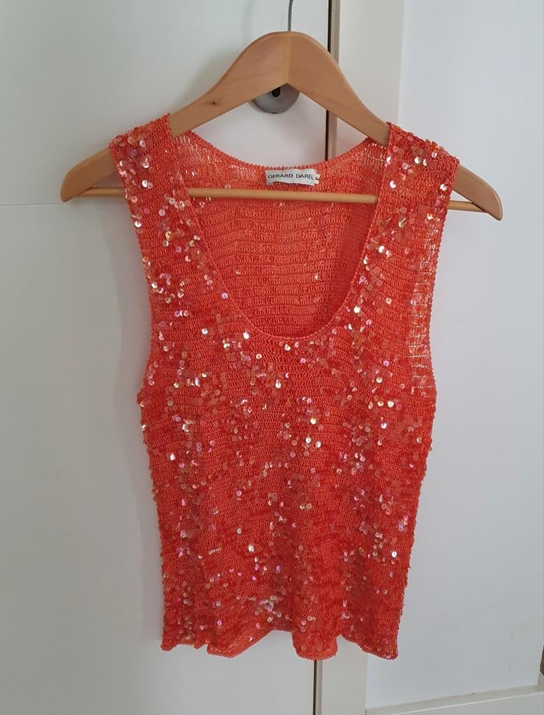 Gerard Darel top pailletten, Comme neuf, Orange, Taille 42/44 (L), Sans manches