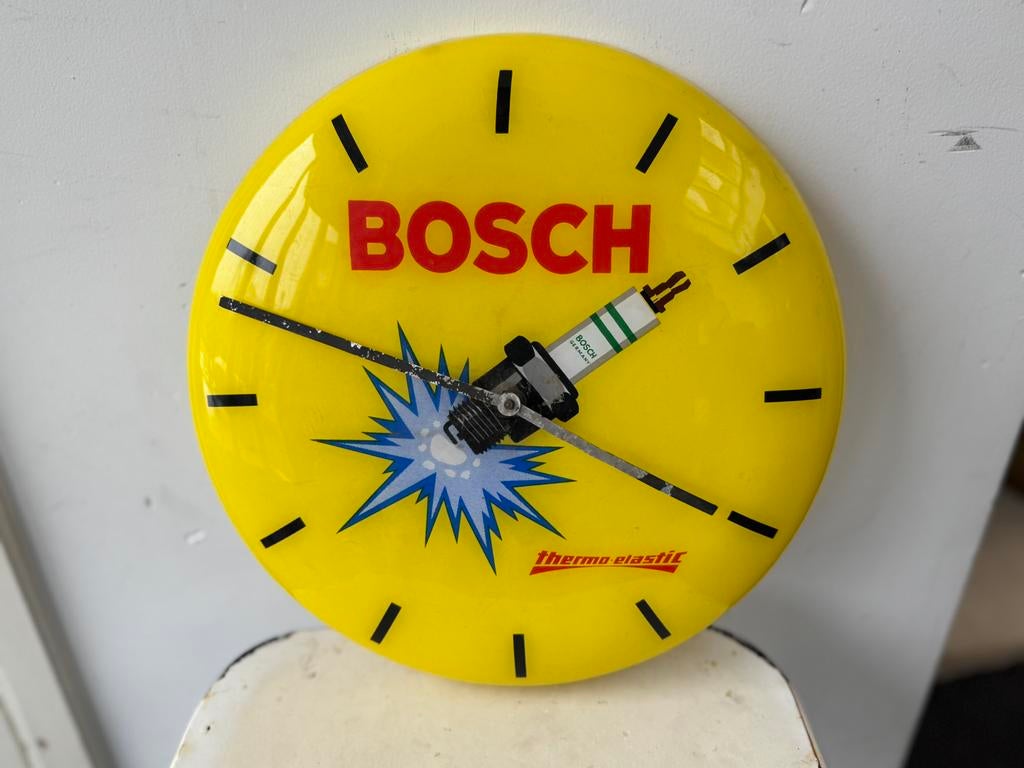 Horloge publicitaire ancienne BOSCH Spark Plug, Collections, Marques & Objets publicitaires, Enlèvement ou Envoi, Utilisé, Panneau publicitaire