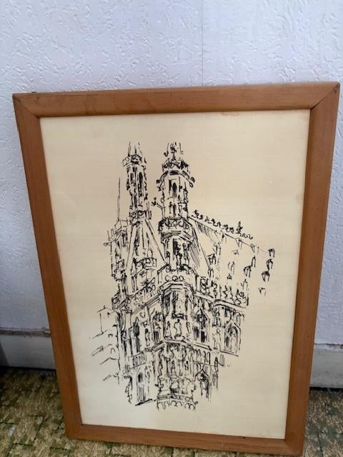 Tekening Stadhuis Leuven, Antiek en Kunst, Kunst | Tekeningen en Fotografie, Ophalen