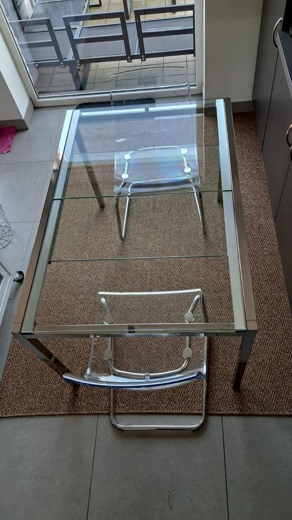 Table en verre extensible avec 4 chaises en plexi transparen, Maison & Meubles, Enlèvement, Verre