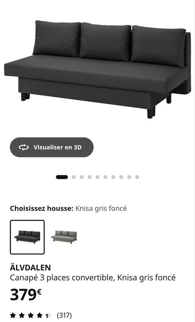 Canapé lit 3 places, gris foncé. Ikea. En très bon état, Enlèvement, Utilisé, Deux personnes, Gris