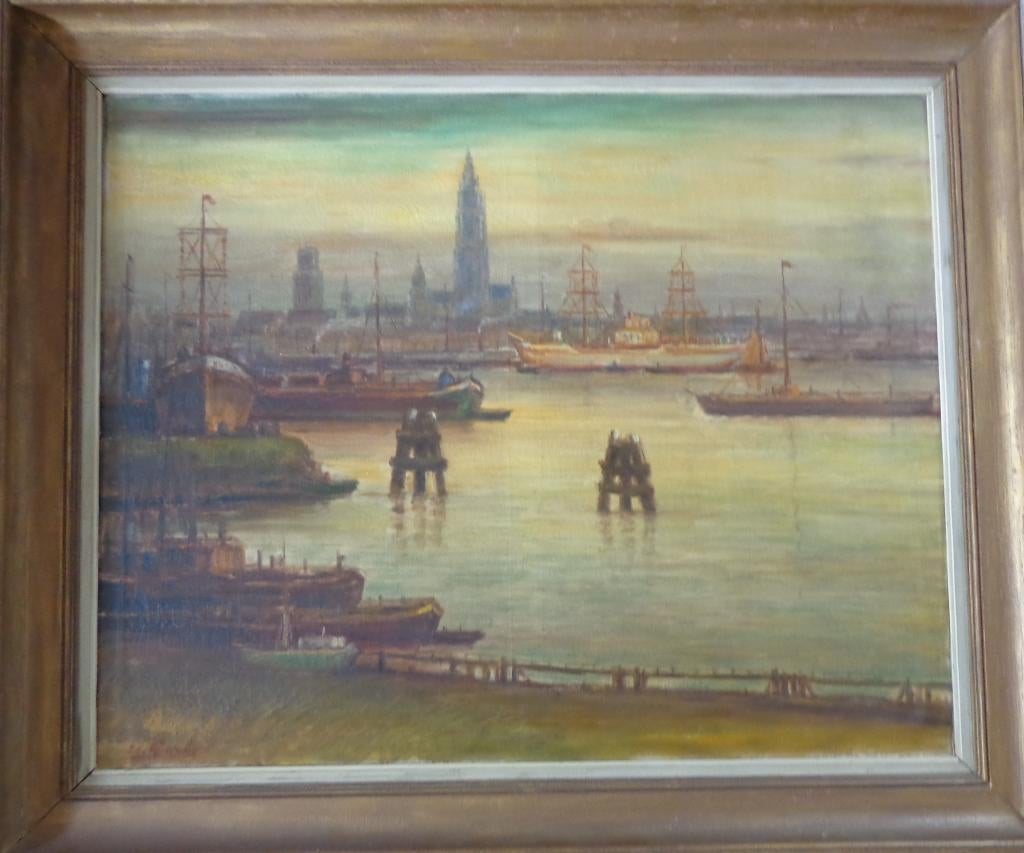 URBAIN GERLO / ZICHT OP ANTWERPEN / OLIEVERF DOEK 123x148cm, Antiquités & Art, Enlèvement