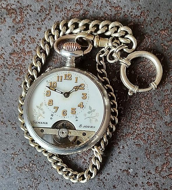 Montre de poche à 8 jours en argent datant d'environ 1910, Autres marques, 1900 à 1930, Avec chaîne, Enlèvement ou Envoi