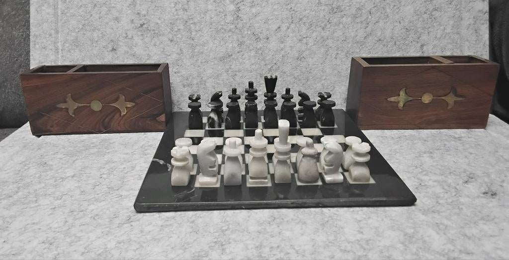 Marmeren schaakspel compact – compleet met houten boxen, Hobby en Vrije tijd, Ophalen of Verzenden