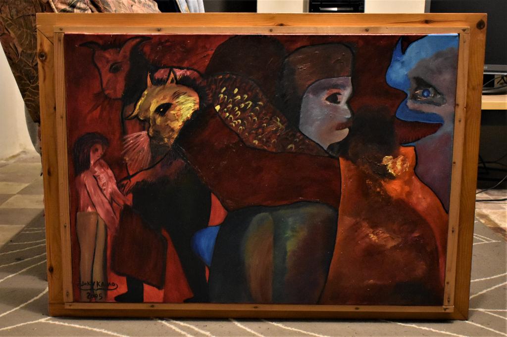 Peinture abstraite l'homme taureau, signe joky kamo, Antiquités & Art, Art | Peinture | Abstraite, Enlèvement