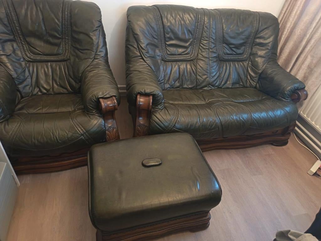 Vintage eikenhouten lederen zetel, Enlèvement, Utilisé, Trois personnes