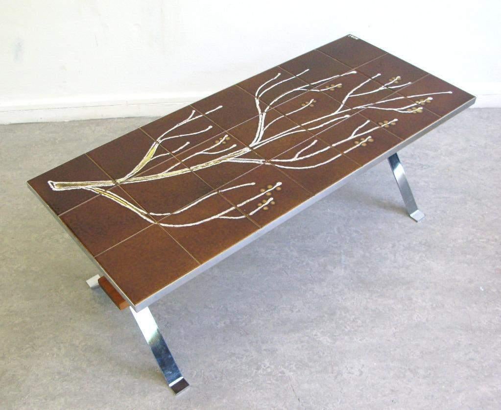 Vintage salontafel Fat Lave tegeltafel keramiek chroom hout, 100 à 150 cm, Moins de 50 cm, Vintage Fat Lava seventies salontafel keramiek chroom 60's